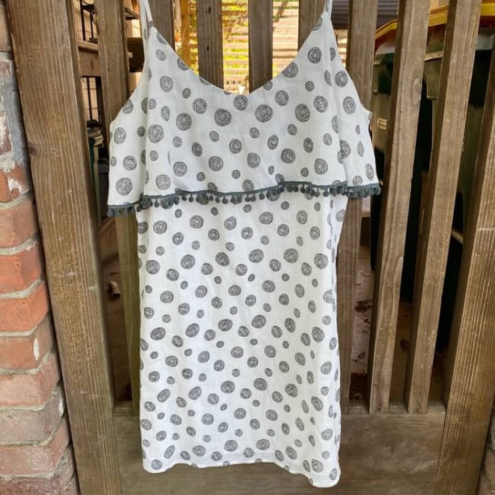 Joy Joy White Gray Polka Dot Fringe Cami Dress M